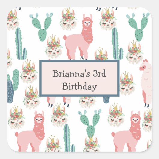 Aangepaste Cute Pink Llama en Green Cactus Vierkante Sticker (Voorkant)