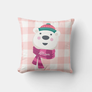 Aangepaste Cute Polar Beer Pink Gingham Holiday Kussen