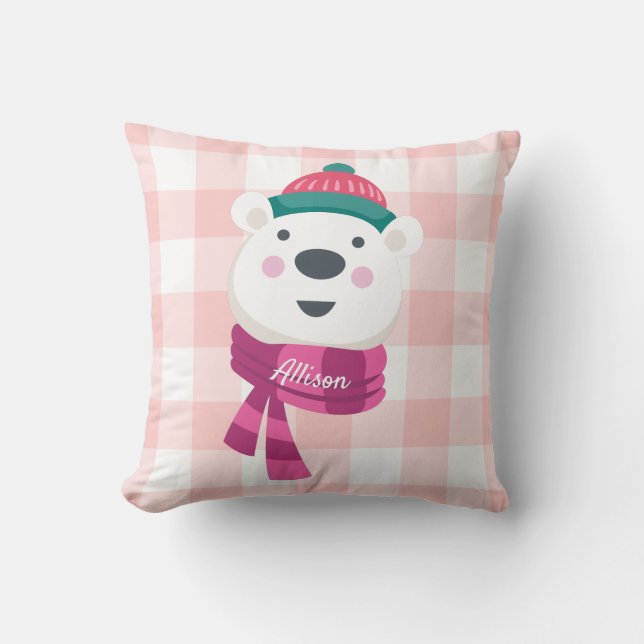 Aangepaste Cute Polar Beer Pink Gingham Holiday Kussen (Voorkant)