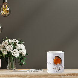 Aangepaste cute Robin vogel in sneeuw met naam Koffiemok