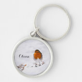 Aangepaste cute Robin vogel in sneeuw met naam Sleutelhanger (Voorkant)