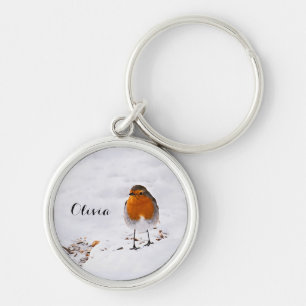 Aangepaste cute Robin vogel in sneeuw met naam Sleutelhanger