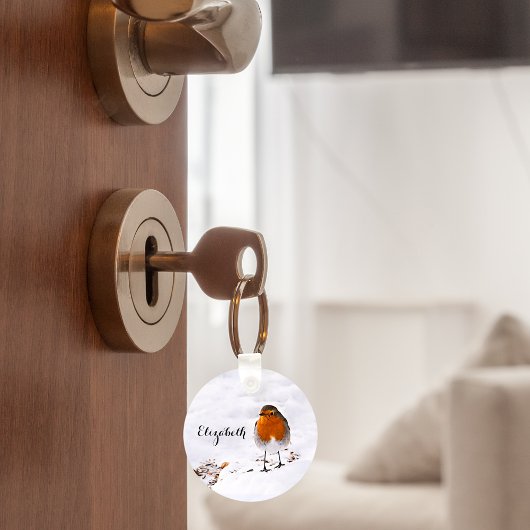 Aangepaste cute Robin vogel in sneeuw met naam Sleutelhanger