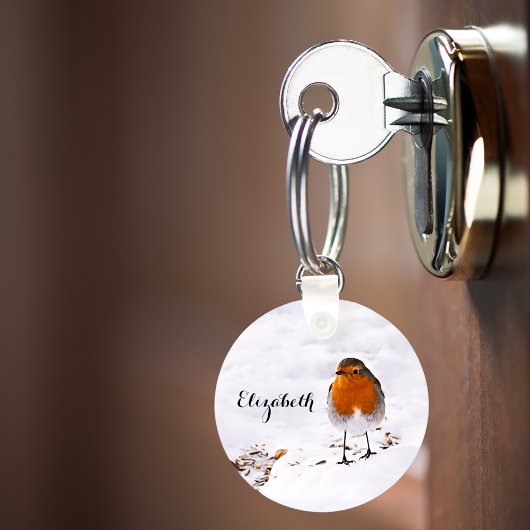Aangepaste cute Robin vogel in sneeuw met naam Sleutelhanger