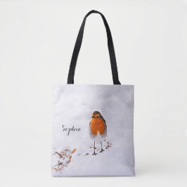 Aangepaste cute Robin vogel in sneeuw met naam Tote Bag