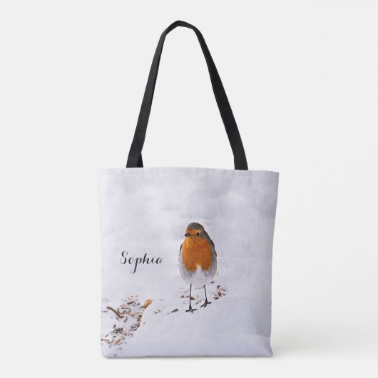 Aangepaste cute Robin vogel in sneeuw met naam Tote Bag (Achterkant)