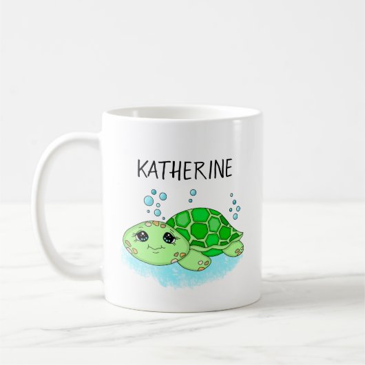 Aangepaste Cute Turtle Cartoon Name Koffiemok (Links)
