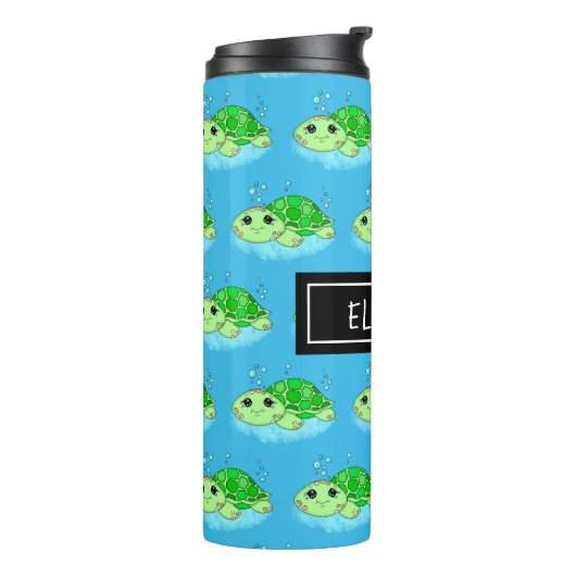 Aangepaste Cute Turtle Cartoon Name Thermosbeker (Gedraaid links)