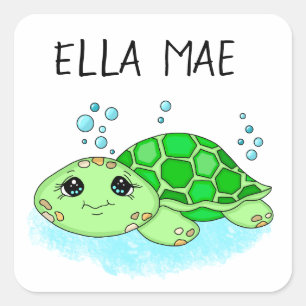 Aangepaste Cute Turtle Cartoon Name Vierkante Sticker