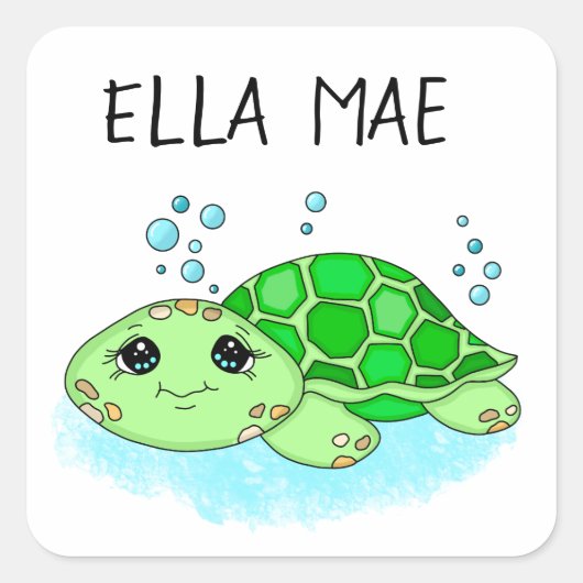 Aangepaste Cute Turtle Cartoon Name Vierkante Sticker (Voorkant)