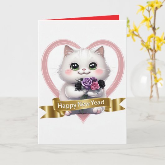 Aangepaste Cute White Cat-agenda 2025 Kaart (Gele Bloem)