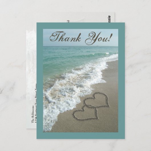 Aangepaste dank u Briefkaart- Sand Hearts / Aqua B Briefkaart (Voorkant / Achterkant)