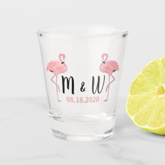 Aangepaste datum Monogram Schattige Fun Pink Flami Shot Glas