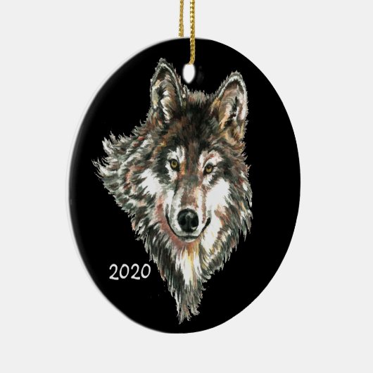 Aangepaste datum of tekst Wolf Head Waterverf logo Keramisch Ornament (Rechts)