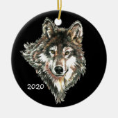 Aangepaste datum of tekst Wolf Head Waterverf logo Keramisch Ornament (Voorkant)