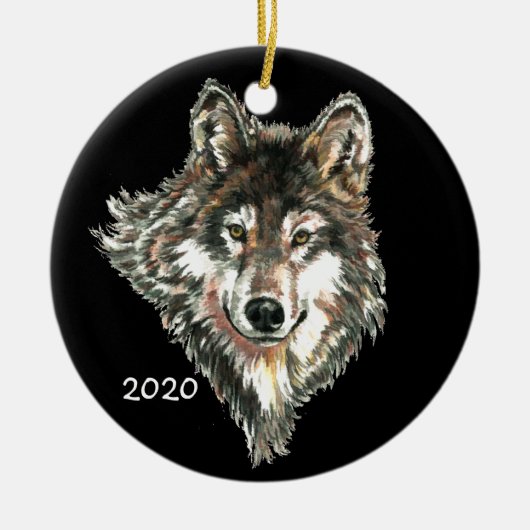 Aangepaste datum of tekst Wolf Head Waterverf logo Keramisch Ornament (Voorkant)
