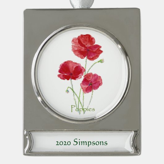 Aangepaste datumnaam Waterverf rode papavers venti Verzilverd Banner Ornament (Voorkant)