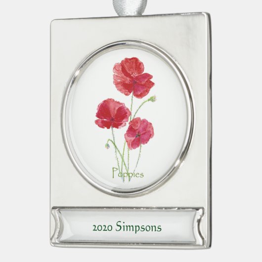 Aangepaste datumnaam Waterverf rode papavers venti Verzilverd Banner Ornament (Links)