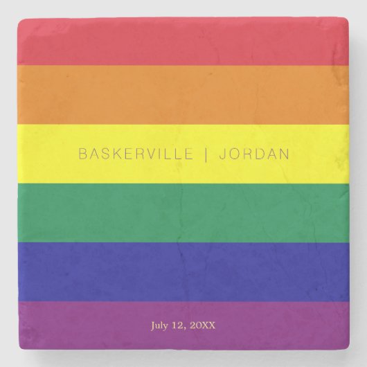 Aangepaste datumnamen regenboogvlag bruiloft stenen onderzetter (Voorkant)