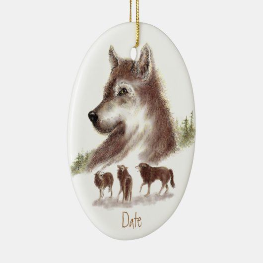 Aangepaste datums, Waterverf Wolven en Wolf Pack Keramisch Ornament (Rechts)