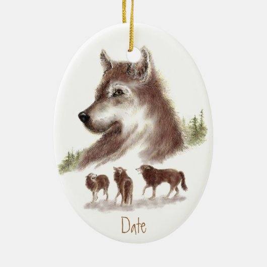 Aangepaste datums, Waterverf Wolven en Wolf Pack Keramisch Ornament (Achterkant)