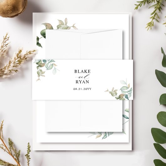 Aangepaste delicate eucalyptus groen bruiloft uitnodigingen wikkel