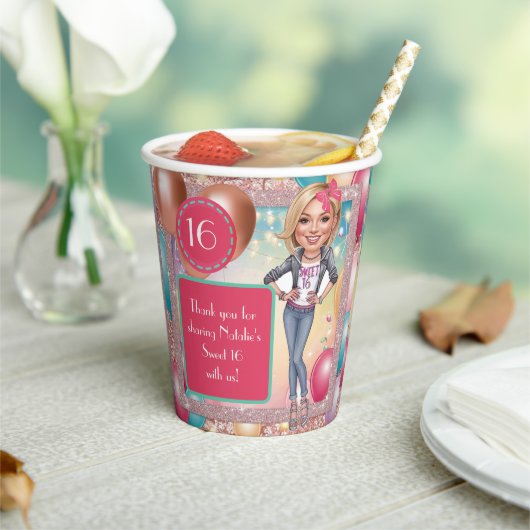Aangepaste Denim en glitter Sweet 16 Papieren Bekers (Insitu)