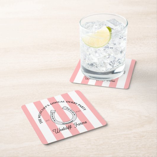 Aangepaste Derby Party Roze Cabana Stripes Hoefijz Kartonnen Onderzetters (Insitu)