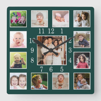 Aangepaste diepe bosgroene 13 familiefotocollage vierkante klok