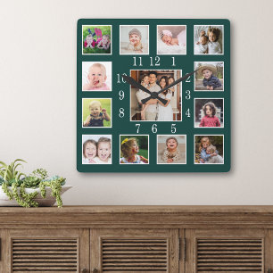Aangepaste diepe bosgroene 13 familiefotocollage vierkante klok
