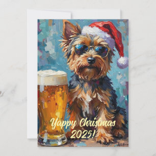 Aangepaste digitale kerst Yorkie en bier Kerstmis Kaart