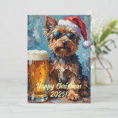 Aangepaste digitale kerst Yorkie en bier Kerstmis Kaart (Staand voorkant)