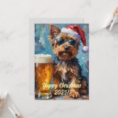 Aangepaste digitale kerst Yorkie en bier Kerstmis Kaart (Voorkant / Achterkant in situ)