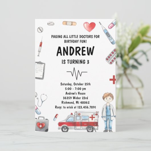 Aangepaste Digitale Kinder Dokter Verjaardagsfeest Kaart (Staand voorkant)