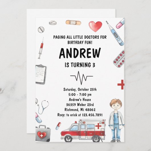 Aangepaste Digitale Kinder Dokter Verjaardagsfeest Kaart (Voorkant / Achterkant)