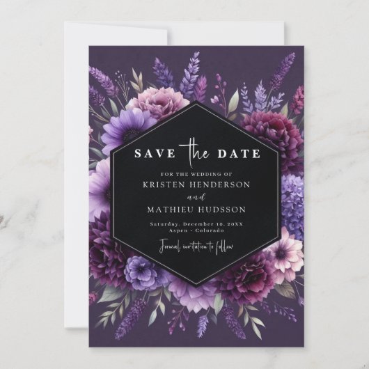 Aangepaste Digitale Paarse Bloemen Huwelijk Save The Date (Voorkant)