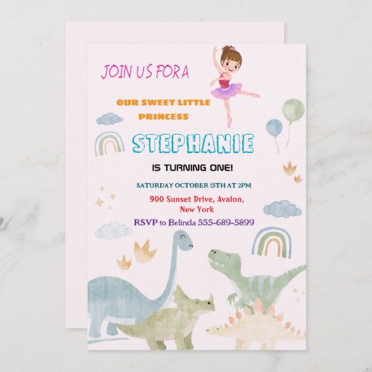 Aangepaste dino ballerina balletten verjaardagsfee kaart (Voorkant / Achterkant)