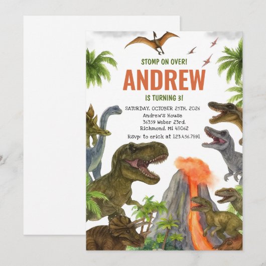 Aangepaste Dinosaurus Verjaardagsfeest Kaart (Voorkant / Achterkant)