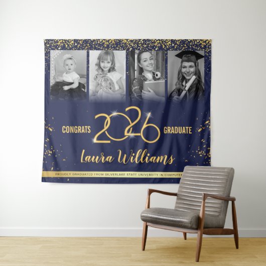 Aangepaste diploma-banner fotocollage blauw goud wandkleed (In Situ (horizontaal))