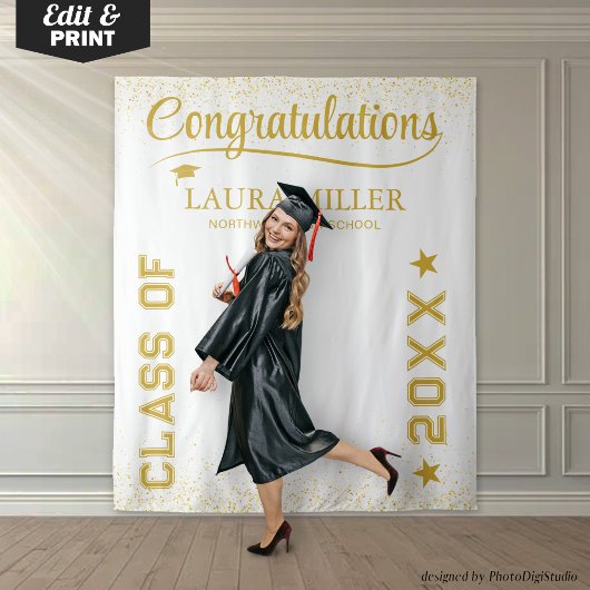 Aangepaste diploma foto banner, wit gouden decorat wandkleed