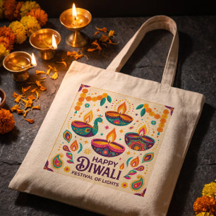 Aangepaste Diwali Levendig Moderne Volkskunst Pauw Tote Bag