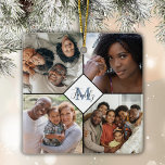 Aangepaste DIY Vier fotocollage | Gezinsmonogram Keramisch Ornament<br><div class="desc">De foto's van de familie met de versieringen van het douanemonogram Kerstmis maken grote keepasgiften. Voeg uw eigen foto's eenvoudig toe aan dit ornament en voeg uw gezinsmonogram in blauw toe voor een elegant scherm voor Kerstmis. Geweldig voor grootouders,  broers en zussen of vrienden.</div>