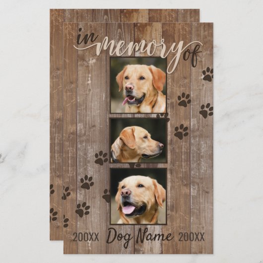 Aangepaste 'Dog Memorial Rustic Wood Kijk'-aankond (Voorkant / Achterkant)