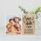 Aangepaste Dog Pet Photo Rustic Save the Date Funn Kaart (Staand voorkant)