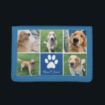 Aangepaste Dog Photo Collage Blue Pet Paw Print Cu Drievoud Portemonnee<br><div class="desc">Deze prachtige envelopportefeuille van de douane-hond is gepersonaliseerd met schattige afbeeldingen van je zoete pup. Pas dit persoonlijke cadeau aan met uw favoriete vijf huisfoto's rond een schattig blauw vierkant met een  witte pootdruk en de naam van uw hond in het midden.</div>