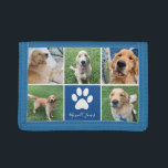 Aangepaste Dog Photo Collage Blue Pet Paw Print Cu Drievoud Portemonnee<br><div class="desc">Deze prachtige envelopportefeuille van de douane-hond is gepersonaliseerd met schattige afbeeldingen van je zoete pup. Pas dit persoonlijke cadeau aan met uw favoriete vijf huisfoto's rond een schattig blauw vierkant met een  witte pootdruk en de naam van uw hond in het midden.</div>