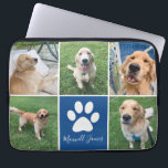 Aangepaste Dog Photo Collage Blue Pet Paw Print Cu Laptop Sleeve<br><div class="desc">Deze prachtige,  aangepaste hoes voor foto-collage van honden is gepersonaliseerd met schattige afbeeldingen van uw zoete pup. Pas dit geschenk aan met je favoriete vijf huisfoto's rond een schattig blauw vierkant met een  witte pootdruk en de naam van je hond in het midden.</div>