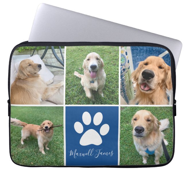 Aangepaste Dog Photo Collage Blue Pet Paw Print Cu Laptop Sleeve (Voorkant)