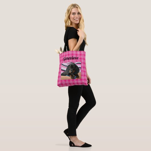 Aangepaste Dog Photo Paw Print Pink Canvas tas (Op model)