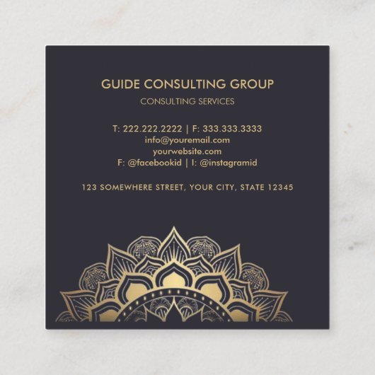 Aangepaste Donker Marine Blauw Goud Mandala Profes Vierkante Visitekaartje (Achterkant)